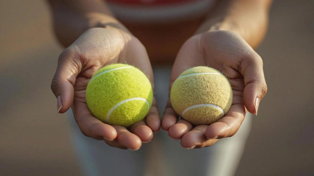 Hand holding a tennis ball and padel ball showing size difference