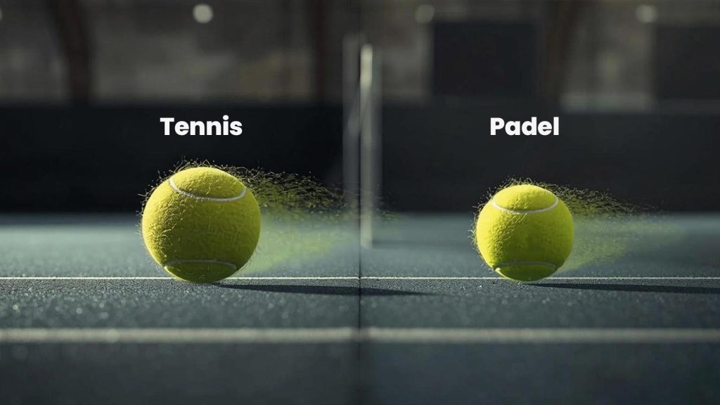 Tennis and padel balls mid-bounce showing different heights and motion trails