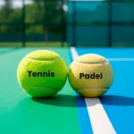 Tennis ball and padel ball side by side on court labeled Tennis and Padel