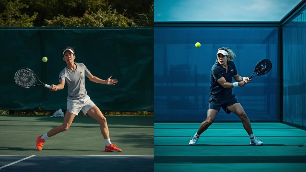 Split-screen image of tennis and padel players in action on different courts