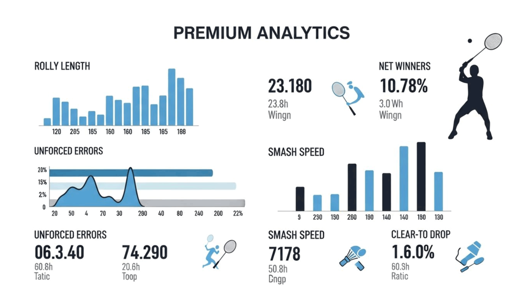 Badminton technical statistics infographic showing rally data and performance metrics.