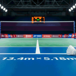 Badminton court with shuttle and scoreboard representing scoring system.