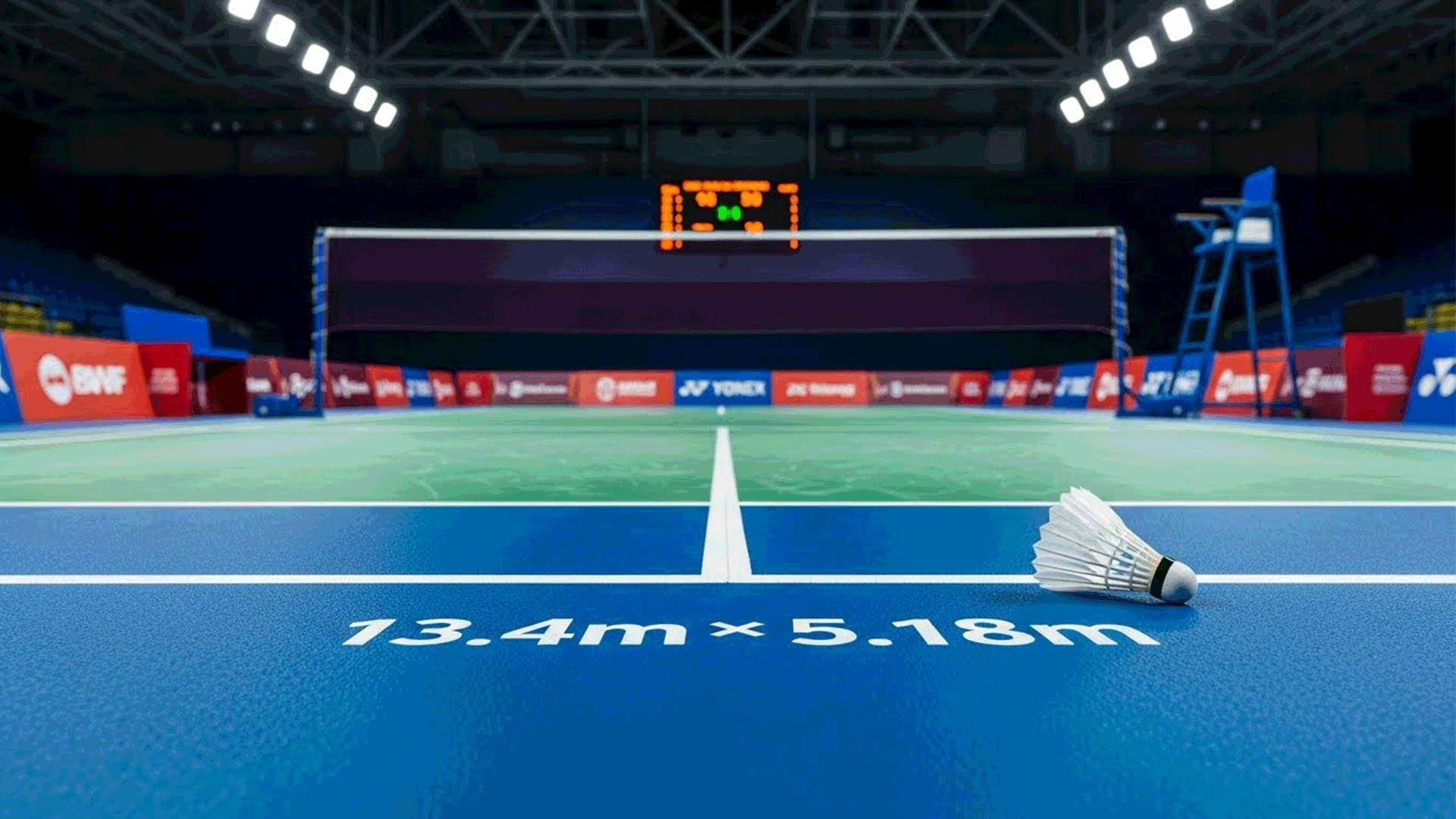 Badminton court with shuttle and scoreboard representing scoring system.