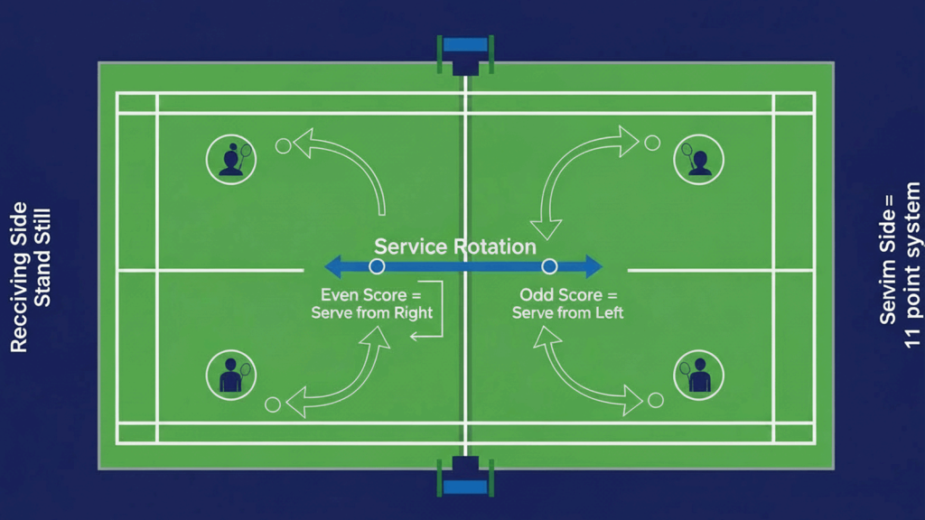 Badminton doubles service rotation infographic.