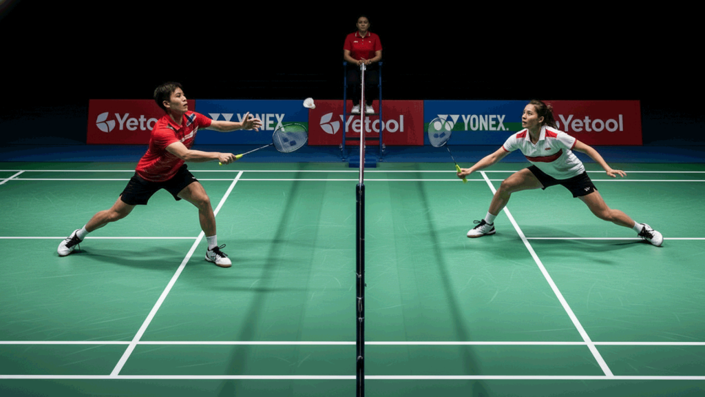 Badminton players in an intense rally showing net control and quick footwork.