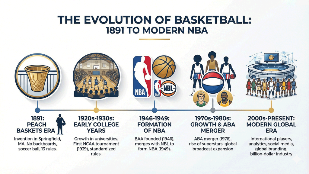 Basketball evolution timeline from 1891 to modern NBA