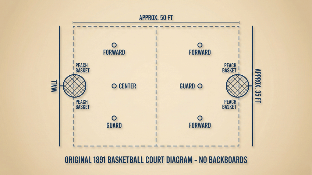 Diagram of the first basketball court using peach baskets