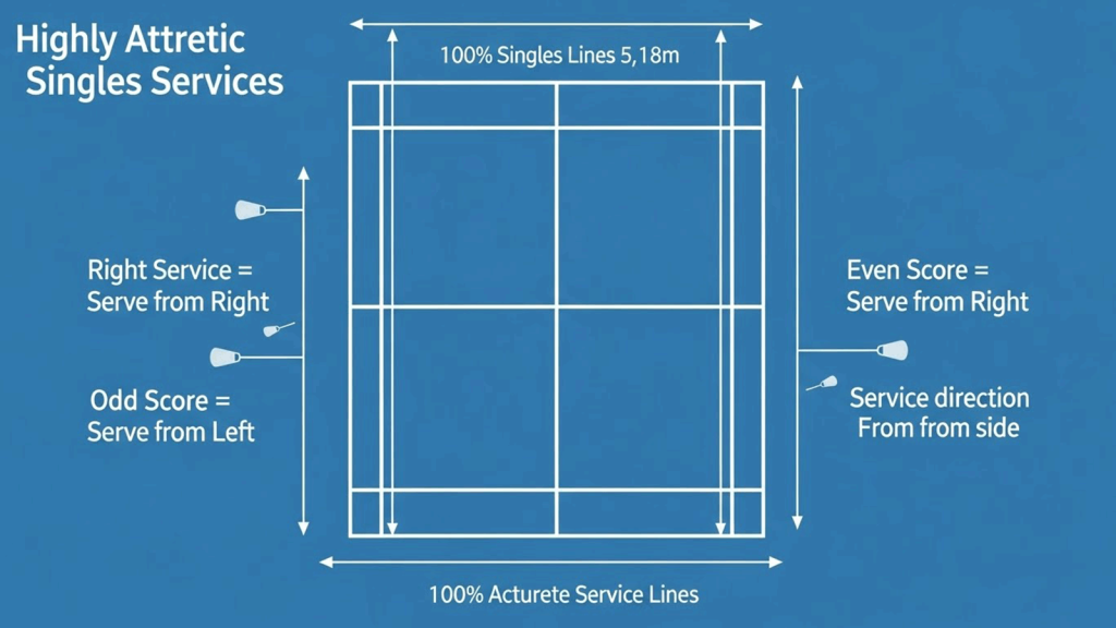 Singles badminton service court diagram showing even and odd positions.