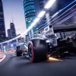 Futuristic 2026 Formula 1 car with active aero racing at night.
