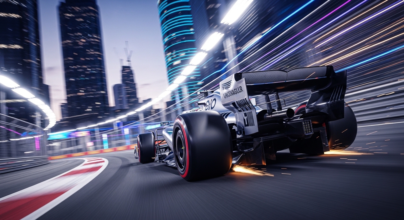 Futuristic 2026 Formula 1 car with active aero racing at night.