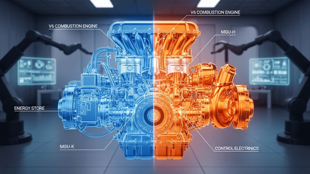 Technical 50/50 split diagram of 2026 F1 hybrid engine.