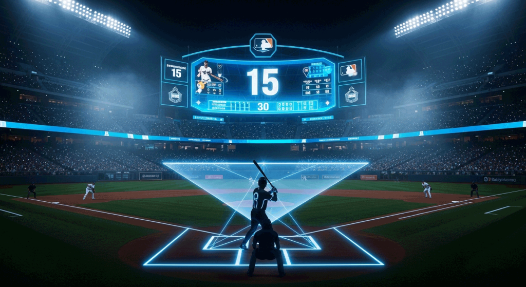 2026 MLB game with holographic ABS strike zone and pitch clock.