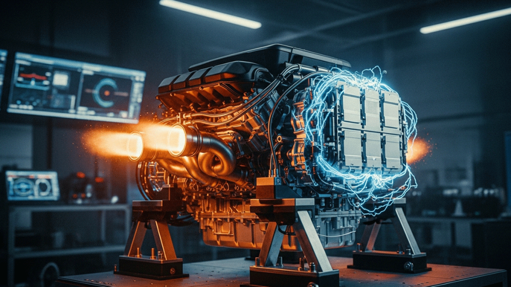 2026 Formula 1 hybrid engine on test bench with glowing exhaust pipes and electric energy arcs.