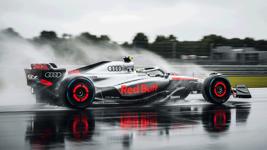Audi Formula 1 car testing in wet conditions on a private track for the 2026 season.