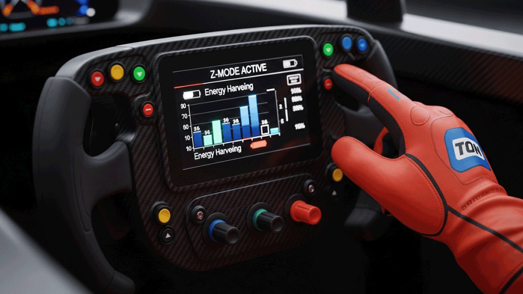 Close-up of a 2026 F1 steering wheel with digital display showing Z-Mode and energy data.